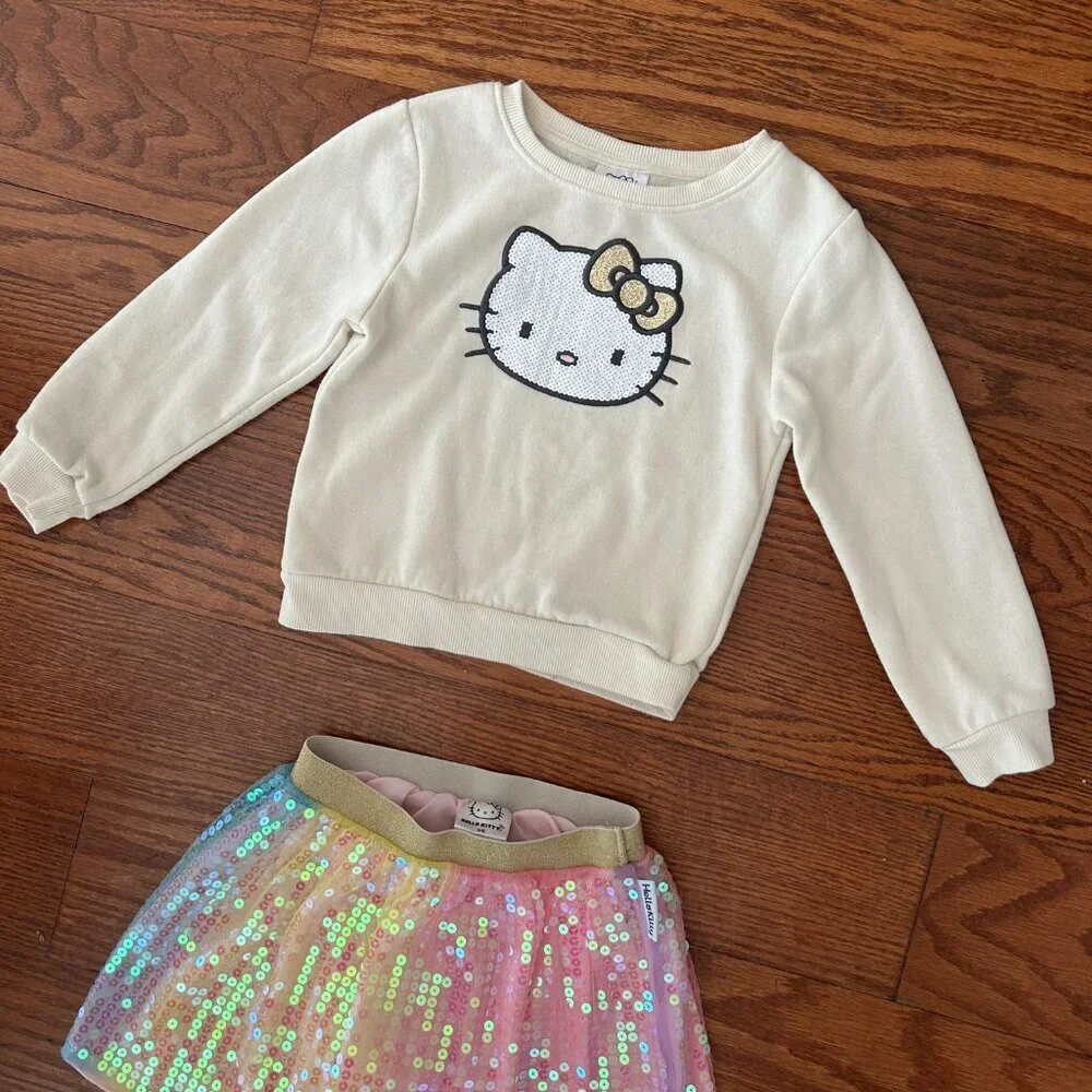 Hello Kitty Girls Size 5 Size 6 Fleece Sweatshirt Matching Sequin Skirt Outfit